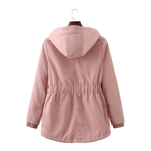 Rear view of pink hooded parka with drawstring waist and ribbed windproof cuffs