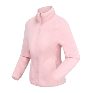 Detailed close-up of pink coral fleece jacket showing zipper chin guard and stand collar
