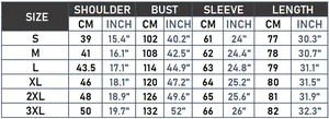 Detailed size chart for women's cotton parka including shoulder and bust measurements