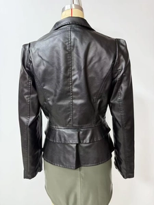 Detail of a black faux leather jacket featuring a ruffled hem and tailored slim fit back
