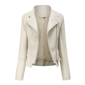 Veste de Motard en Similicuir PU Coupe Ajustée pour Femme Manteau Moto Court Avec Fermeture Éclair Asymétrique Revers Poche