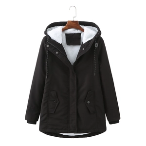 Women black hooded parka jacket with warm white fleece lining and drawstring waist