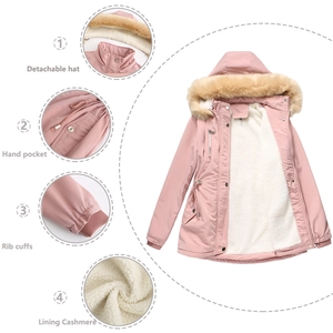 Parka invernale rosa da donna con cappuccio in ecopelliccia e calda fodera in cashmere