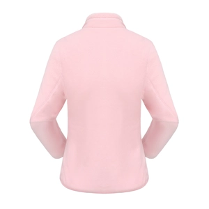 Back view of a soft pink coral fleece jacket featuring a high collar and slim fit tailoring