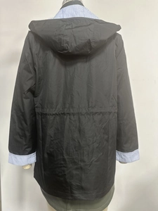 Rear view of a black hooded parka coat featuring striped lining and adjustable waist drawstring