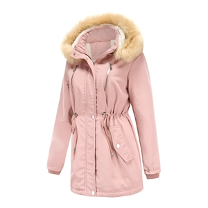 Parka invernale da donna rosa con cappuccio in ecopelliccia e fodera calda