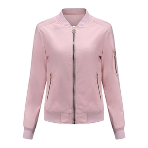 Close-up of pink bomber jacket with metal zipper details and ribbed knit collar