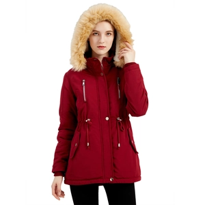 Parka invernale da donna bordeaux con cappuccio in ecopelliccia e vita regolabile