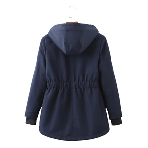 Detail view of winter parka back with adjustable drawstring waist and ribbed cuffs