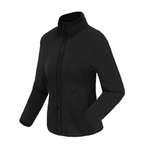 Close-up of black fleece jacket with high collar and ergonomic pockets for warmth