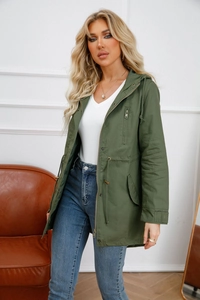 Detail of army green hooded parka coat featuring drawstring waist and metal zipper design