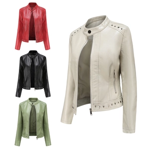 Damen Nieten PU Lederjacke Slim Fit Stehkragen Motorrad Punk Stil Einfarbig Frühling Herbst Reißverschluss Jacke