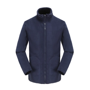 Detailed view of the dark blue fleece jacket showing stand-up collar and pocket design