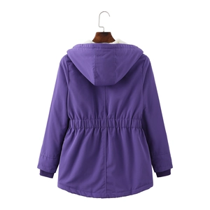 Rear view of purple winter parka featuring adjustable drawstring waist and faux shearling lining