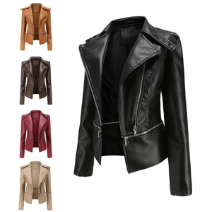 Women Fashion PU Leather Biker Jacket With Detachable Hem Rivet Lapel Zipper Casual Long Sleeve Spring Autumn Outerwear Coat