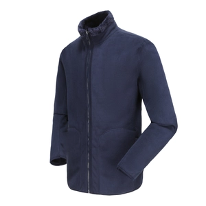 Close-up of navy blue fleece jacket with full zipper and warm faux shearling collar