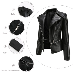 Women's black moto jacket with asymmetric zipper and removable hem for versatile styling