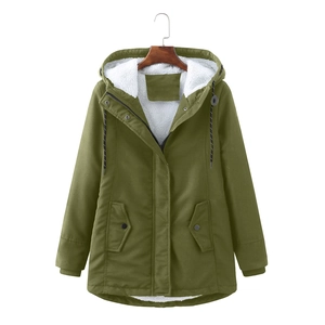 Detail of army green winter parka showing warm white fleece lining and zipper closure