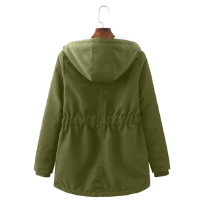 Rear view of women's olive green fleece lined parka with drawstring waist and hood