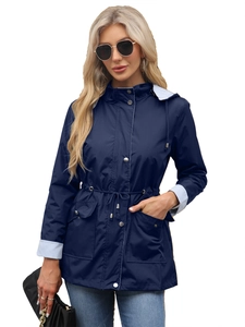 Women's navy blue waterproof raincoat featuring adjustable drawstring waist and striped lining