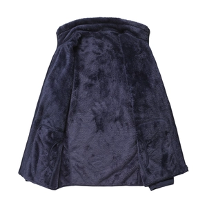 Detail showing the thick faux fur lining and internal pockets of the navy fleece vest