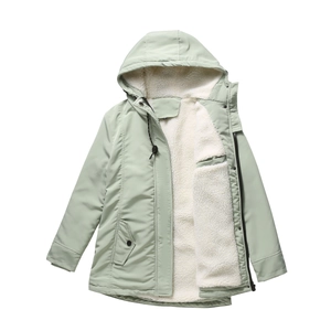 Close-up of light green winter parka with thick white sherpa lining and drawstring hood