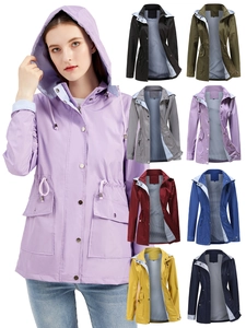 Women's waterproof hooded raincoat with striped lining and adjustable drawstring waist coat