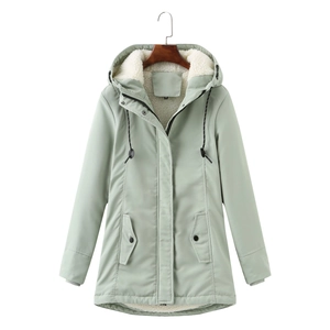 Women's light green fleece-lined hooded parka jacket with adjustable drawstring waist