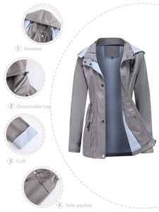 Women's grey mid-length windbreaker with detachable hood and striped lining details