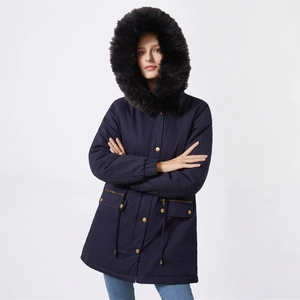 Women's dark blue winter parka featuring a large black faux fur hood and drawstring waist