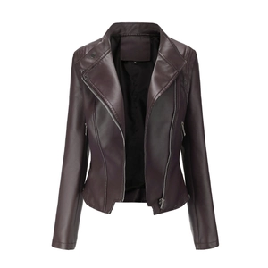 Veste cintrée en similicuir bordeaux pour femme avec col à revers et fermeture éclair