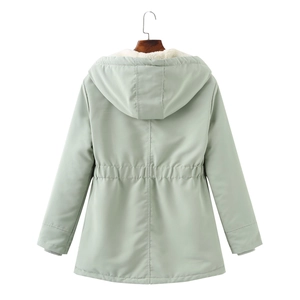 Back view of a mint green winter parka with a drawstring waist and soft fleece lining