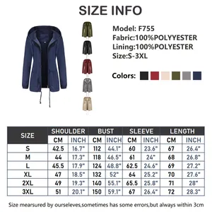 Guide des tailles pour coupe-vent à capuche femme, mesures détaillées du S au 3XL