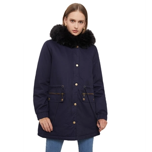 Women's warm navy blue hooded parka with black faux fur collar and adjustable waist drawstring
