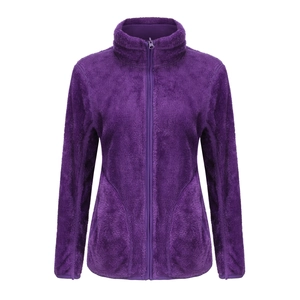 Women's dark purple fleece jacket with full zipper and stand collar in warm coral fleece