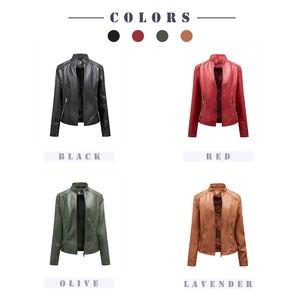 Detail view of four colors of women's slim fit faux leather biker jackets with stand collar