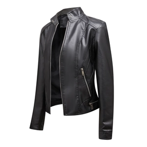 Detail of slim fit black faux leather biker jacket featuring stand collar and silver zippers