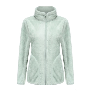 Women's double-sided coral fleece outdoor jacket in light mint green with a full zipper