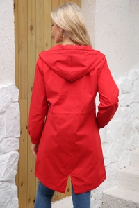 Rear view of a red hooded waterproof windbreaker featuring back slit and drawstring hood