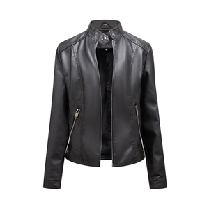 Women's slim fit black faux leather motorcycle jacket with stand collar and zipper
