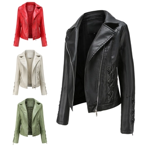 Veste de Moto en Similicuir pour Femme Coupe Ajustée Manteau Court Avec Détails à Lacets Col à Revers Fermeture Éclair Casual