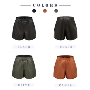 Detailed grid view of high-waist PU leather shorts in Black, Olive, and Camel colors
