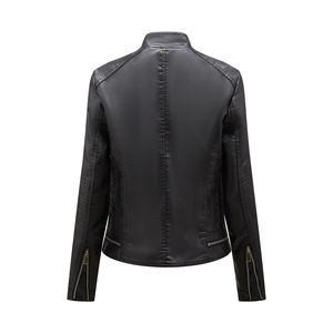 Rear view of black PU leather biker jacket with stand collar and zipper sleeve details