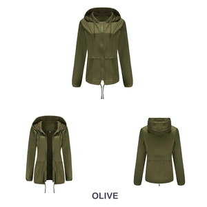 Vue sous trois angles d'un coupe-vent olive pour femme avec cordon de serrage à la taille