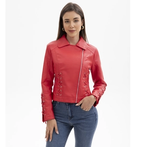 Veste perfecto en similicuir rouge pour femme avec détails de laçage latéraux