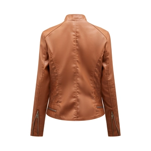 Rear view of women's slim fit faux leather jacket with stand collar and zipper detail
