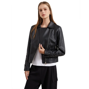 Veste de moto noire pour femme en similicuir avec détails à lacets et fermeture éclair