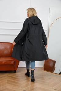 Detailed back view of a long hooded trench coat featuring an adjustable waist drawstring