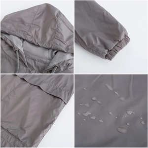 Détails du coupe-vent gris avec doublure en filet, poignets élastiques et tissu imperméable