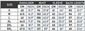 Detailed size chart for hooded leather jacket featuring measurements from S to 3XL